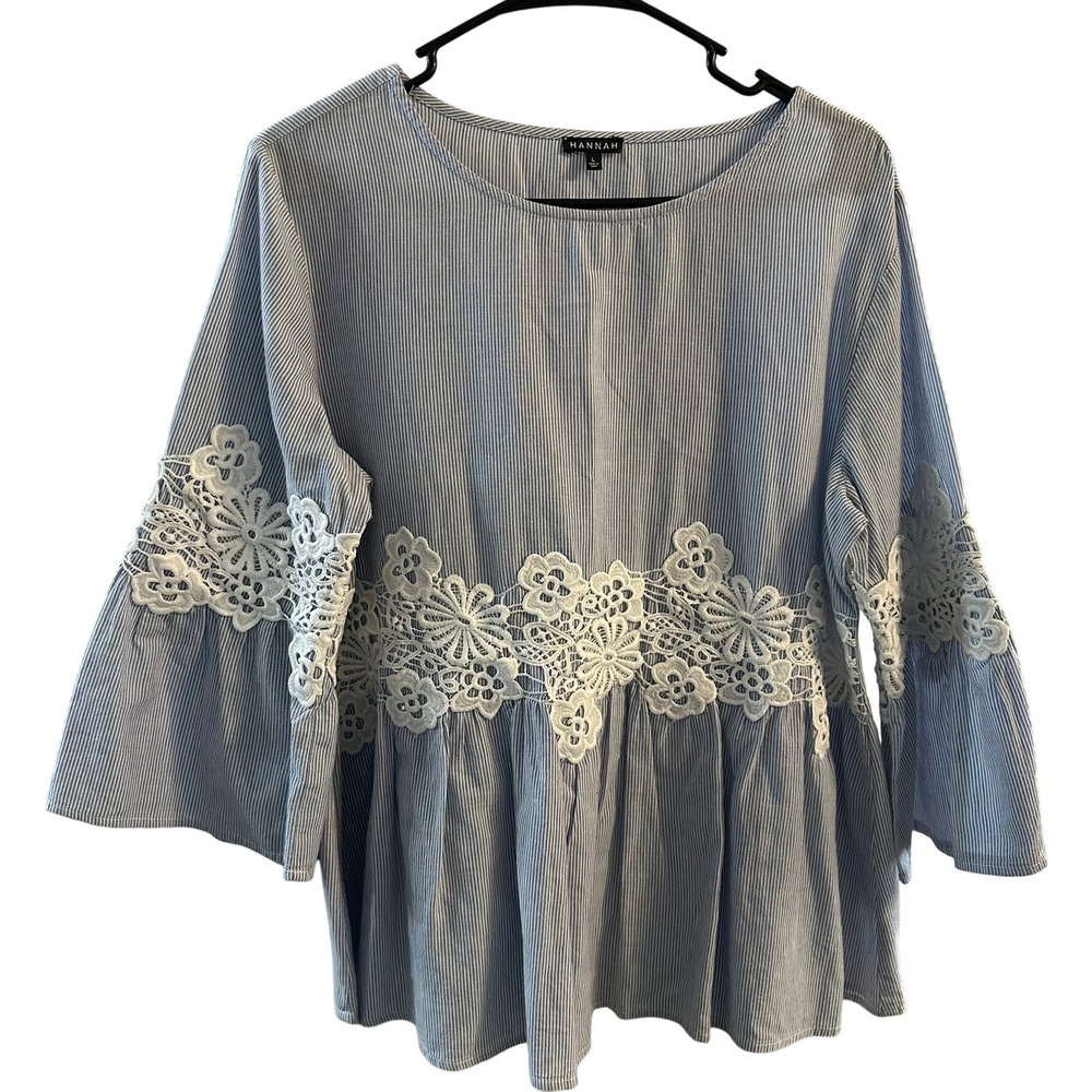 HANNAH Blue White Stripe Lace Trim Bell Sleeve Peplum Top Women's Size Large